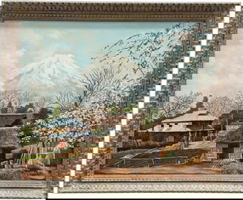 Japanese Village Scene Landscape Snowcapped Mount Fiji Signed Oil Painting