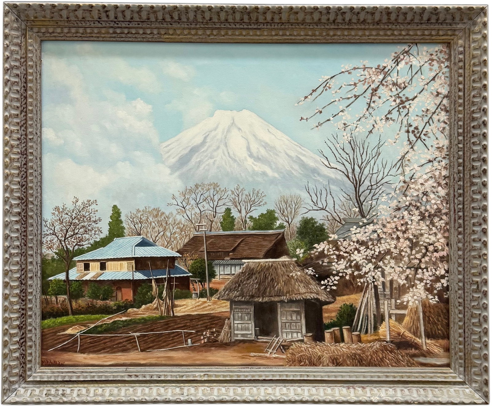 Japanese Village Scene Landscape Snowcapped Mount Fiji Signed Oil Painting: Oil on canvas 30 x 24 in, 34 x 28 in (framed). Domestic Flat Shipping Price: $90