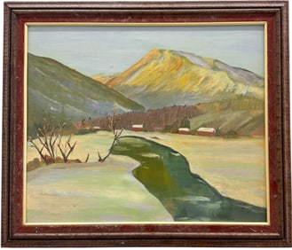 Vintage American School Snowy Mountain Landscape Signed Oil Painting