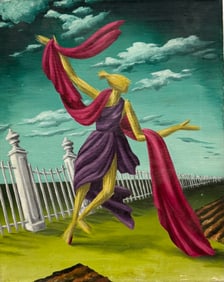 Mid-Century American Surrealist Figure In Landscape Oil Painting On Canvas