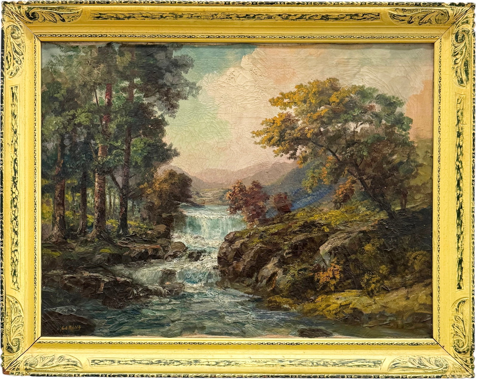 WILLIAM LORING (1879-1959, American) Large Oil On Canvas, Landscape With Stream: William Loring, Massachusetts artist. Oil on canvas 40 x 30 in, 47 x 37 in (Framed). Domestic Flat Shipping Price: $240