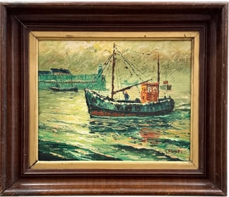 American Impressionist Harbor Scene With Fishing Boat Signed Crespi