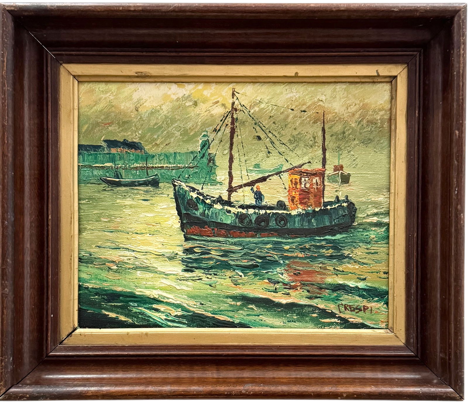 American Impressionist Harbor Scene With Fishing Boat Signed Crespi (1 of 3)
