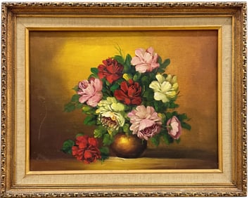 Vintage American School Still Life Of Flowers Signed Oil Painting