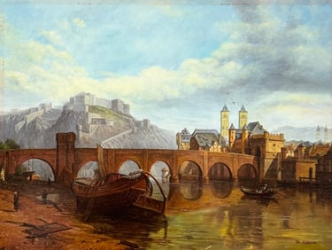 European Medieval Castle Scene With Moat Oil Painting On Wood Panel