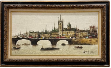 European School River Cityscape Signed Oil Painting