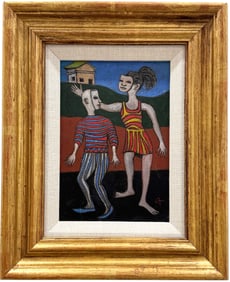 Nicely Framed Japanese Surrealist Signed Oil Painting On Canvas