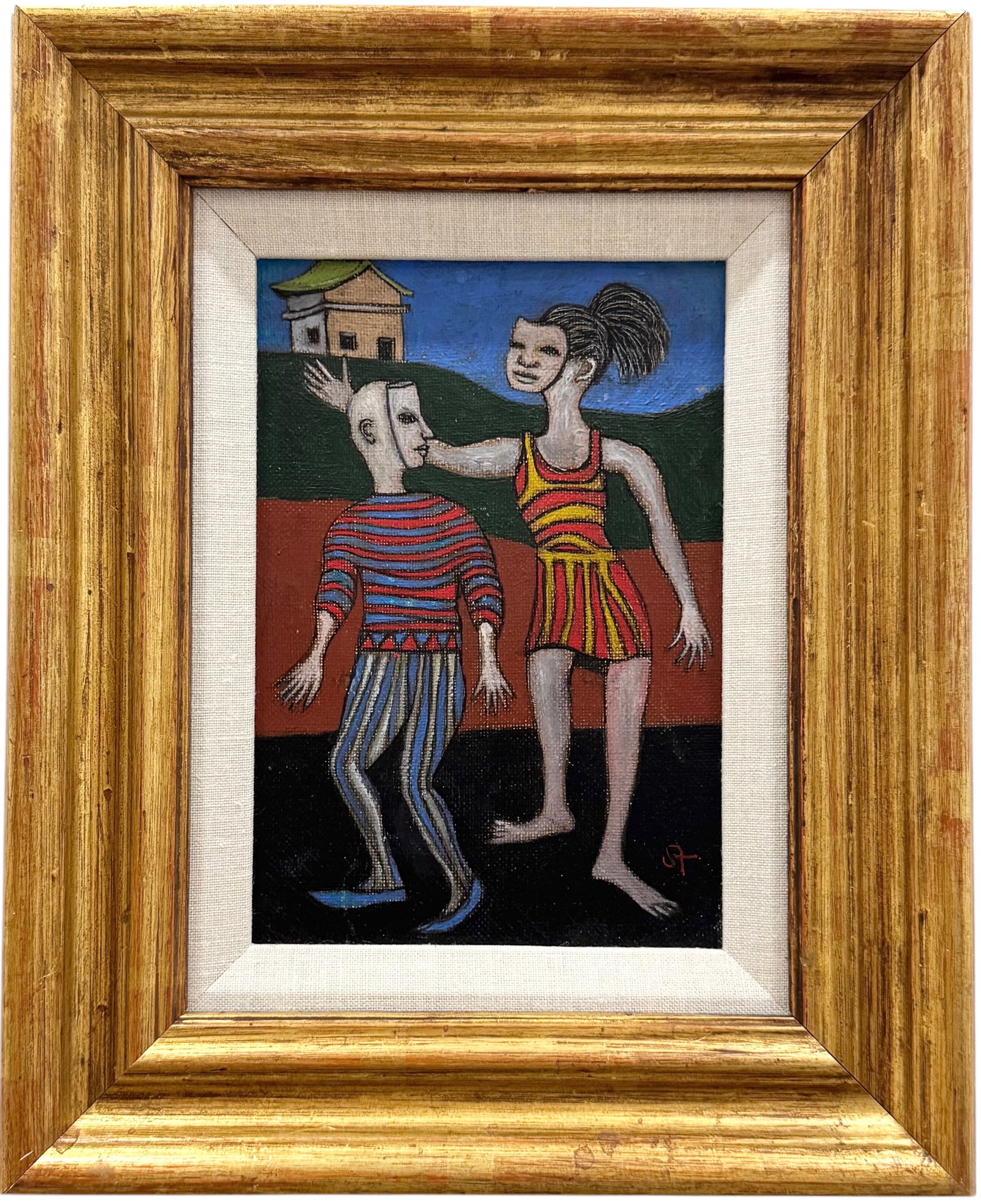 Nicely Framed Japanese Surrealist Signed Oil Painting On Canvas: Oil on canvas 9 x 6 in, 14.5 x 12 in (framed). Domestic Flat Shipping Price: $45