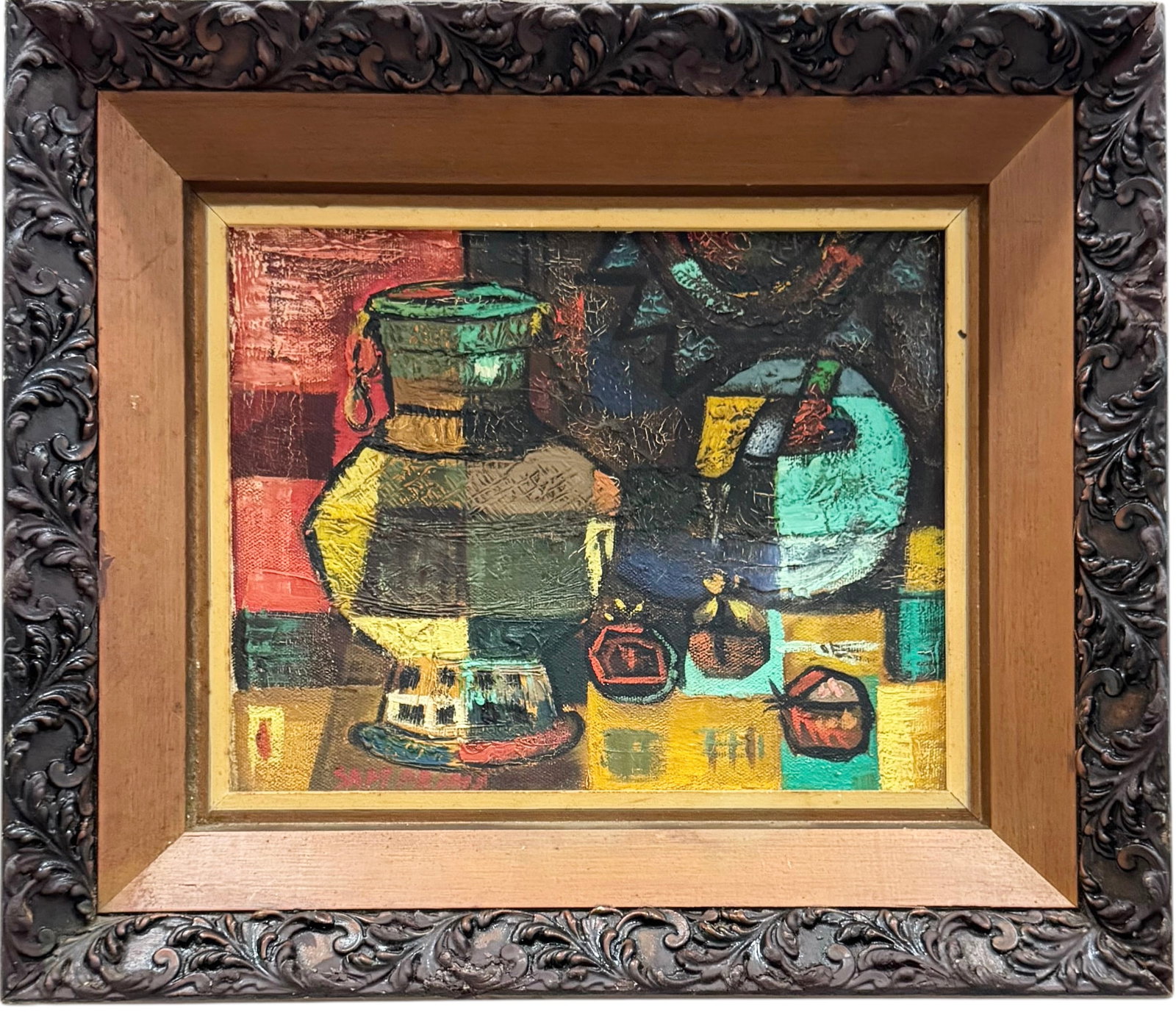 American School Modernist Still Life Of Fruit Signed Oil Painting: Artist unknown. Oil on board 10 x 8 in, 14.5 x 12.5 in (framed). Domestic Flat Shipping Price: $55