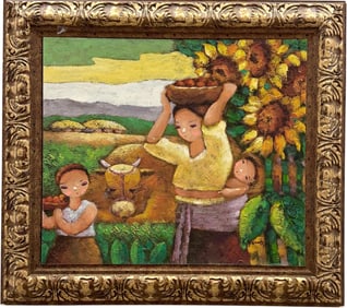 20th Century Modernist Korean School Genre Signed Oil Painting