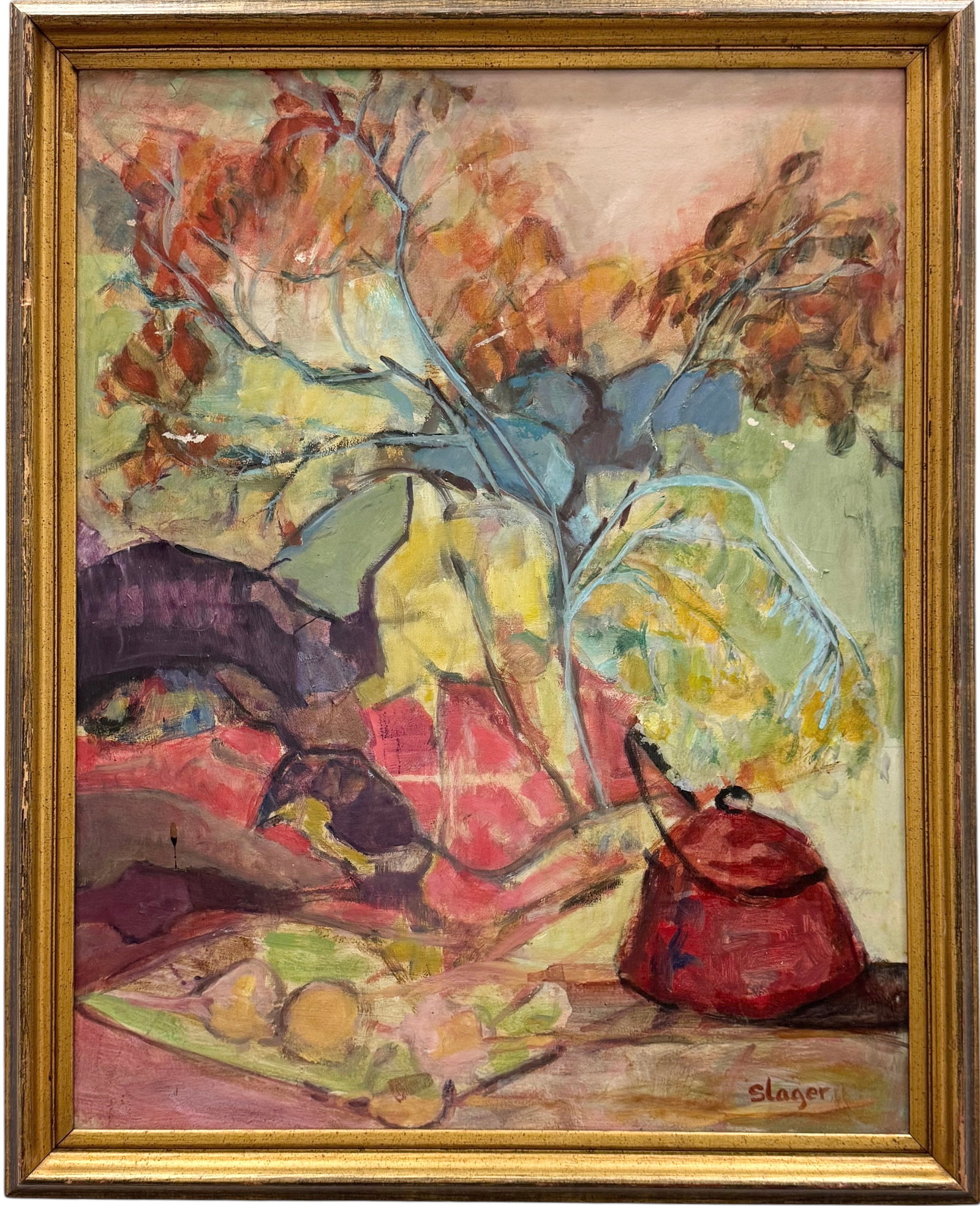 Mid-Century American Still Life Signed Slager Oil Painting On Masonite: Oil on board 28 x 22 in, 31 x 25 in (framed). Domestic Flat Shipping Price: $90