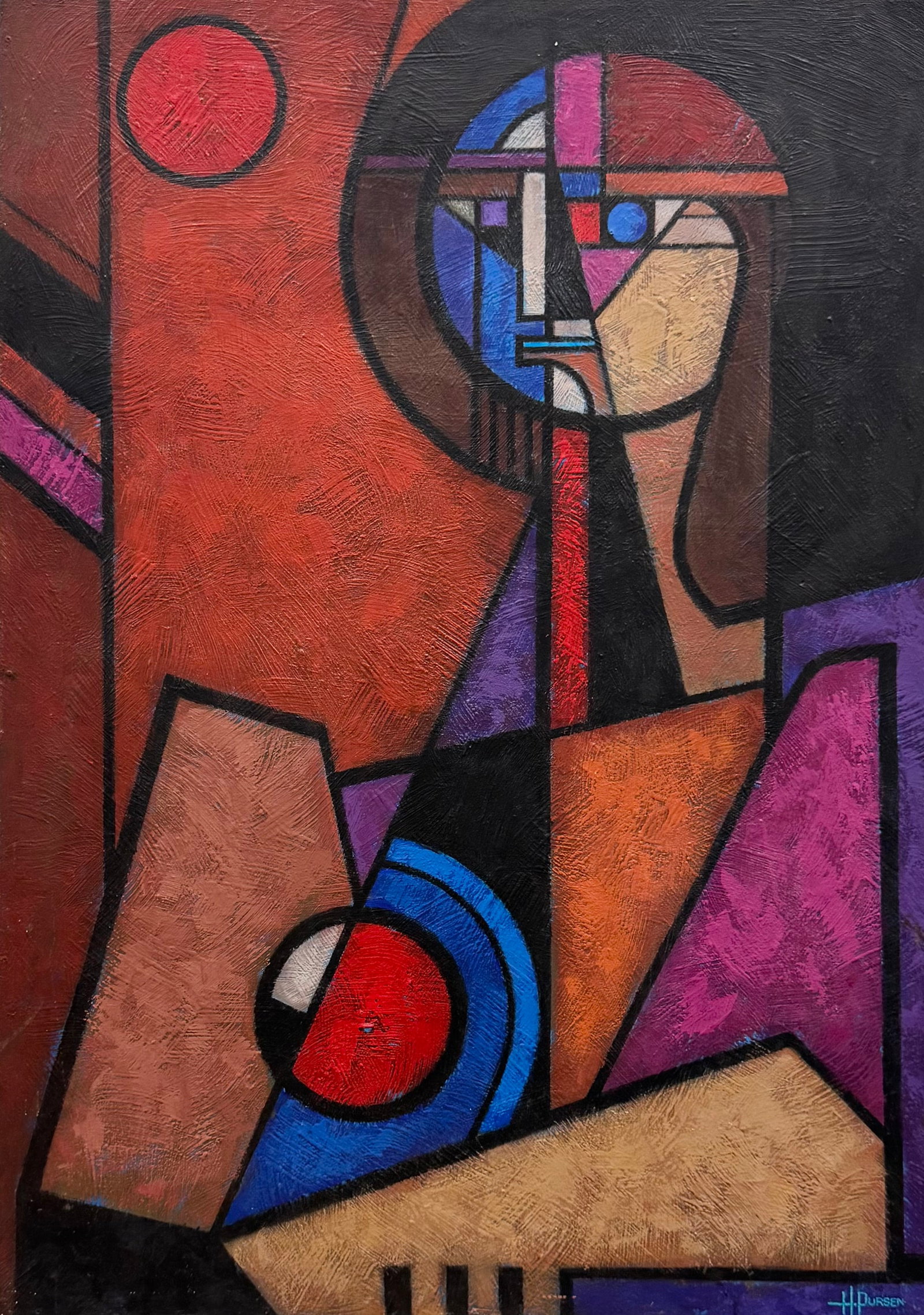 HENRY PURSEN (20th c, American) Large Cubist Abstract Painting: Acrylic on wood 42 x 30 in. Domestic Flat Shipping Price: $120
