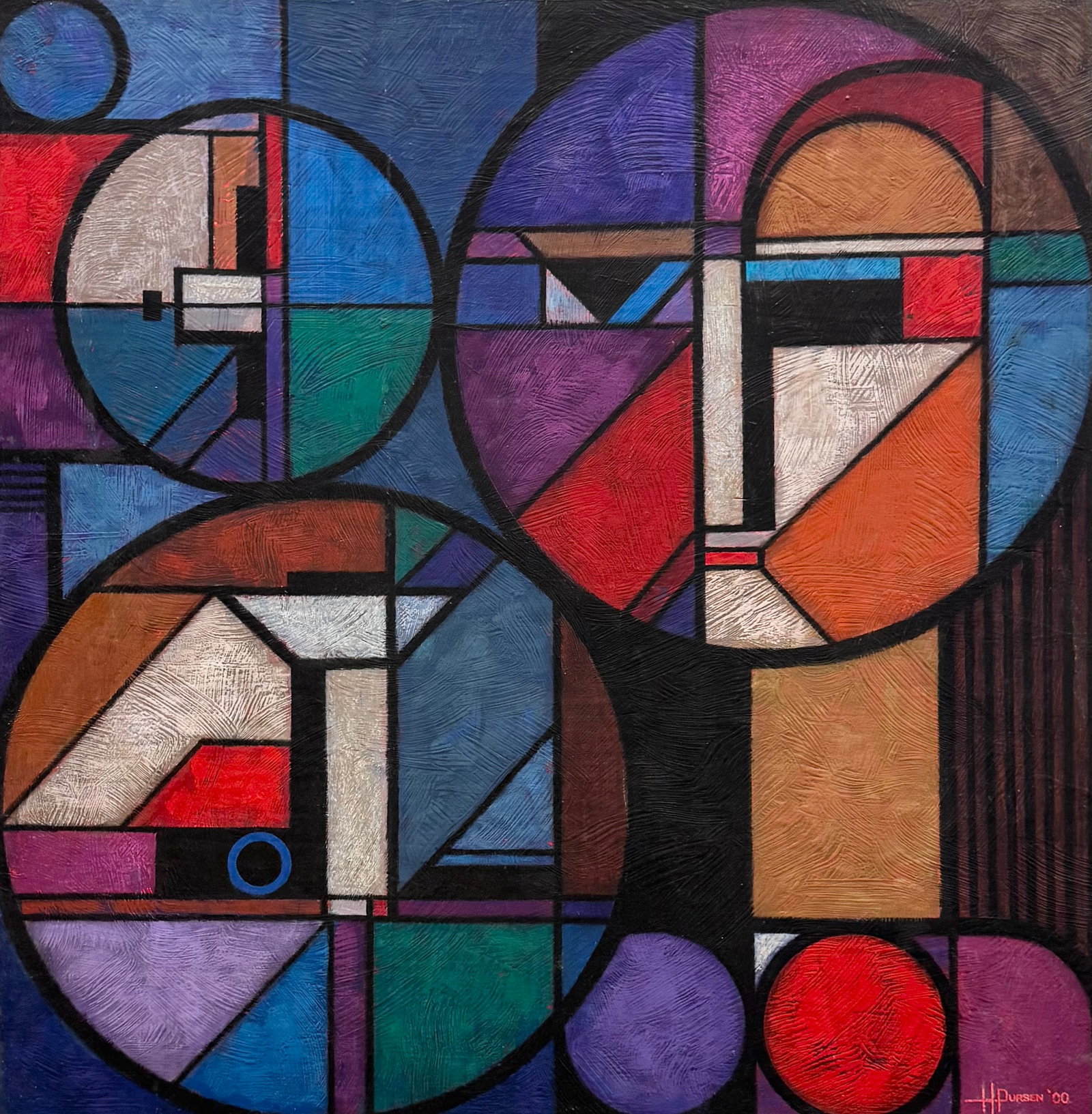 HENRY PURSEN (20th c, American) Large Cubist Abstract Painting: Acrylic on wood 36 x 36 in. Domestic Flat Shipping Price: $120