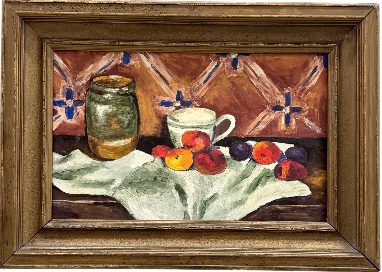 Nicely Framed Mid-Century Modernist Still Life Oil Painting: Oil on board 18 x 11.5 in, 24 x 17 in (framed). Domestic Flat Shipping Price: $70