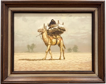Orientalist Middle Eastern Landscape With Figure On Camel Signed Oil Painting