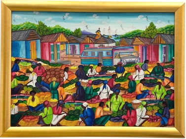 Colorful Haitian School Modern Village Scene Signed Painting Nicely Framed