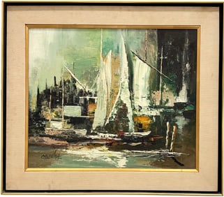 Mid-Century Modern Spanish School Sailboats Abstract SignedOil Painting