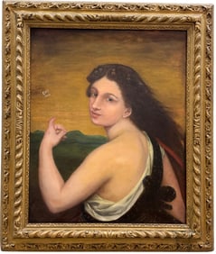Girl With Butterfly, Italian School 19th Century Portrait Oil Painting On Canvas