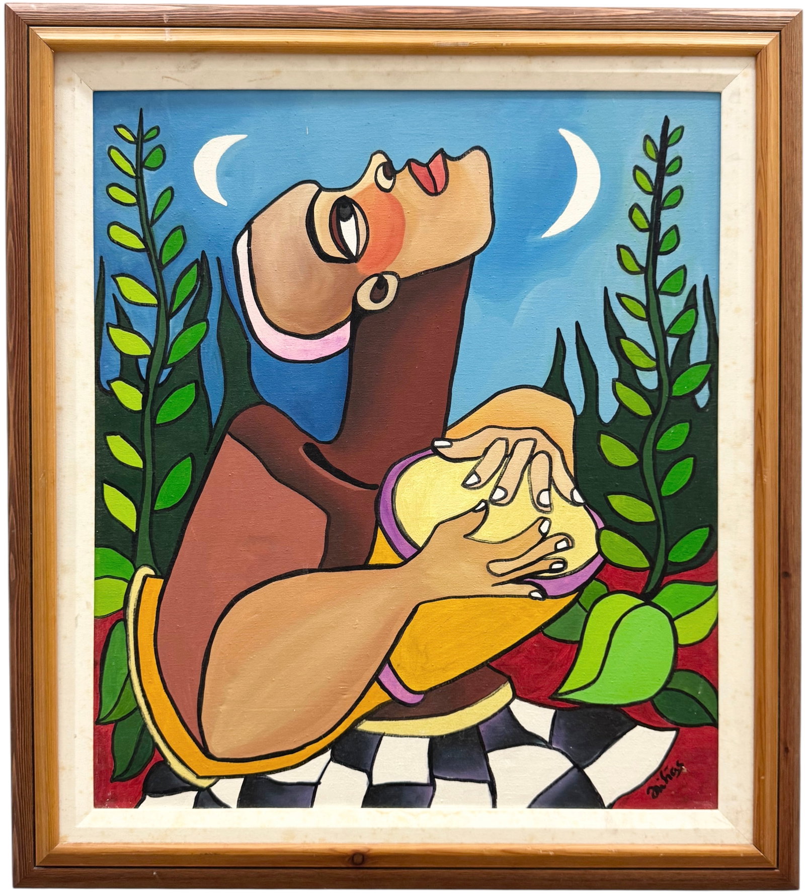 Latin American School Modernist Portrait Of A Woman Signed Painting: Oil on canvas 24 x 21 in, 29 x 26 in (framed). Domestic Flat Shipping Price: $70