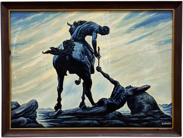 Mid-Century Greco-Roman Symbolist Battlefield Scene Nude Male Warriors Signed Painting