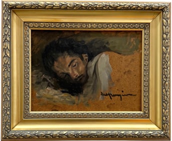 Sleeping Male Portrait Oil On Board Signed Miami Gallery Label