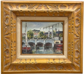 Mid 20th Century Dutch School Impressionist Amsterdam Cityscape Signed Oil Painting
