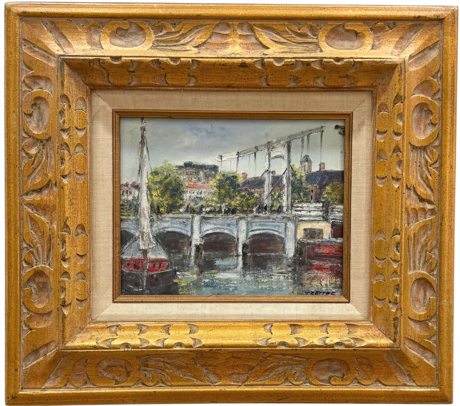 Mid 20th Century Dutch School Impressionist Amsterdam Cityscape Signed Oil Painting: Oil on canvas 8 x 10 in, 18.5 x 17 in (framed). Domestic Flat Shipping Price: $55