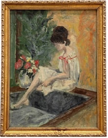 American Modernist Portrait Of A Woman With Flowers Signed Oil On Board Painting