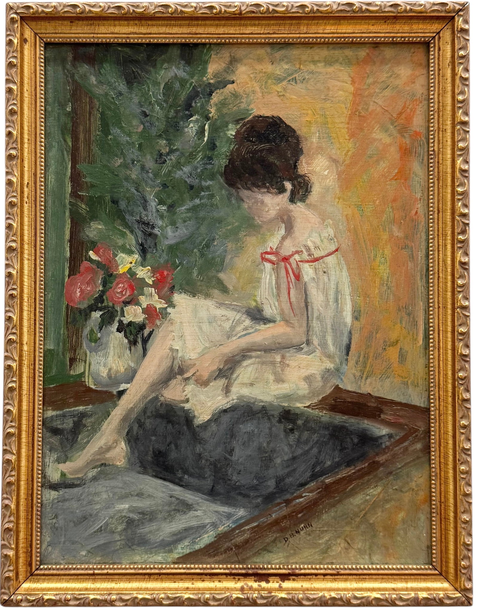 American Modernist Portrait Of A Woman With Flowers Signed Oil On Board Painting: Oil on board 16 x 12 in, 18 x 14 in. Domestic Flat Shipping Price: $55