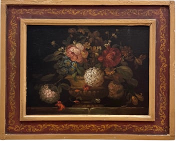 19th Century American School Still Life Of Flowers Oil Painting On Wood Panel