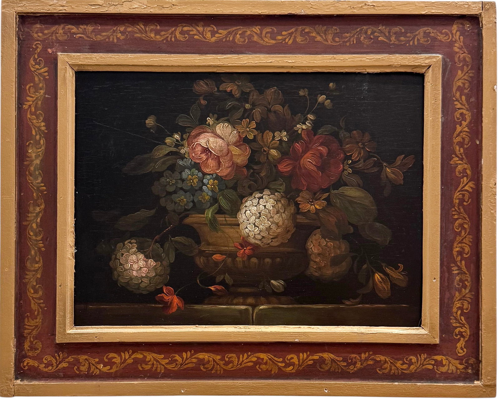 19th Century American School Still Life Of Flowers Oil Painting On Wood Panel: Oil on board 15 x 11 in, 20 x 16 in (framed). Domestic Flat Shipping Price: $55