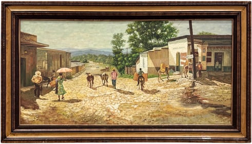 Large Mexican School Mountain Village Scene Signed Oil Painting On Canvas