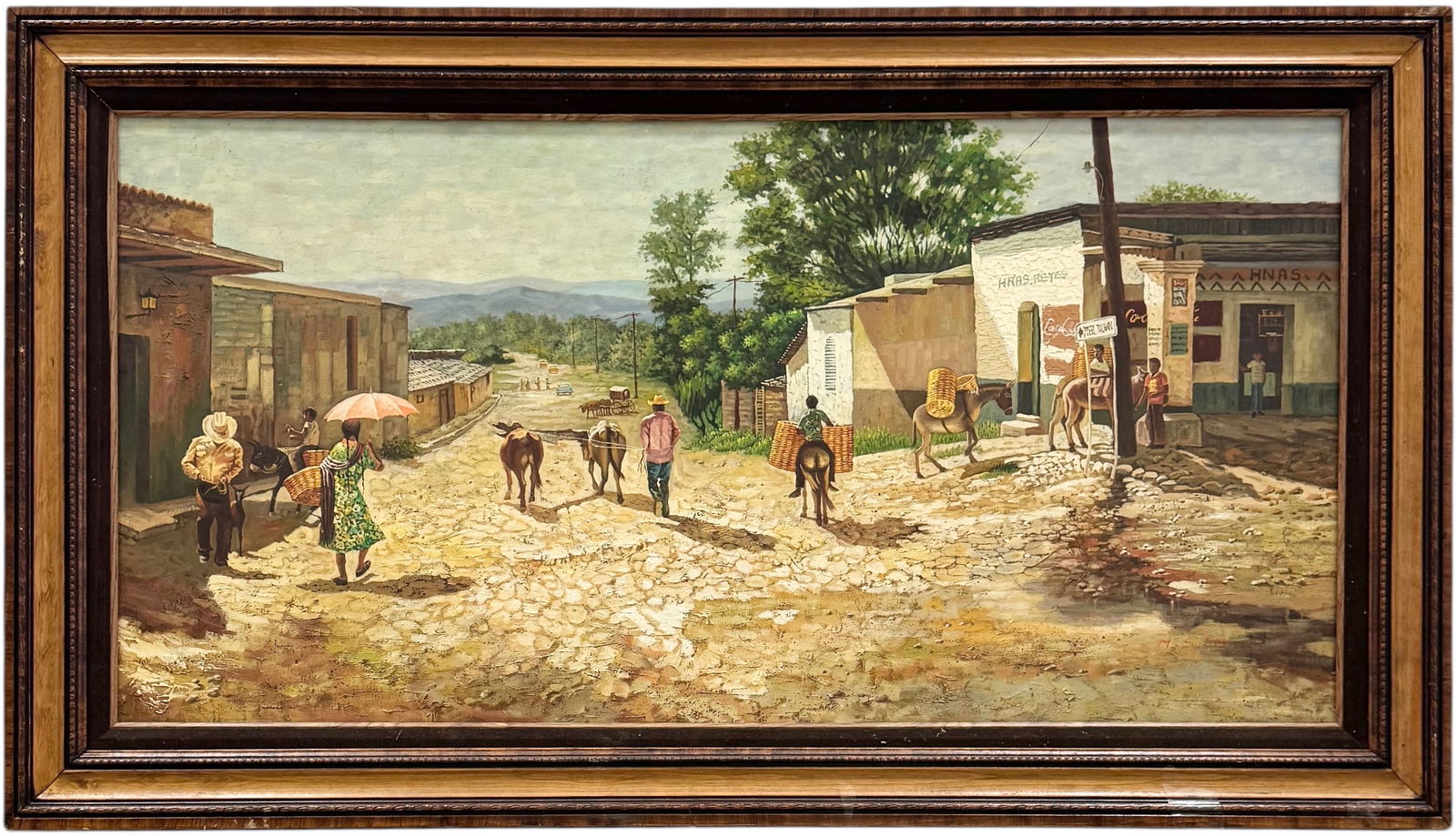 Large Mexican School Mountain Village Scene Signed Oil Painting On Canvas (1 of 4)