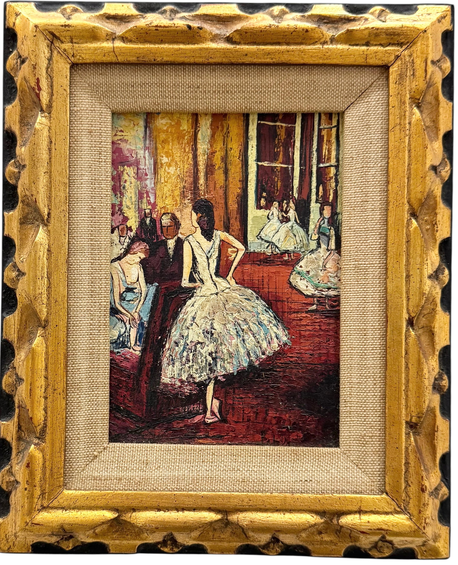 Vintage Modernist Ballroom Scene Oil Painting On Board: Oil on board 11.5 x 8.5 in (framed). Domestic Flat Shipping Price: $45