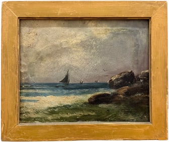 19th Century American School Seascape With Sailboats Signed Oil Painting