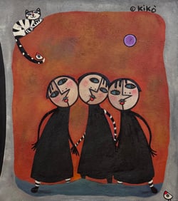 Large American Modernist Oil Painting Figures With Cat Signed Kiko