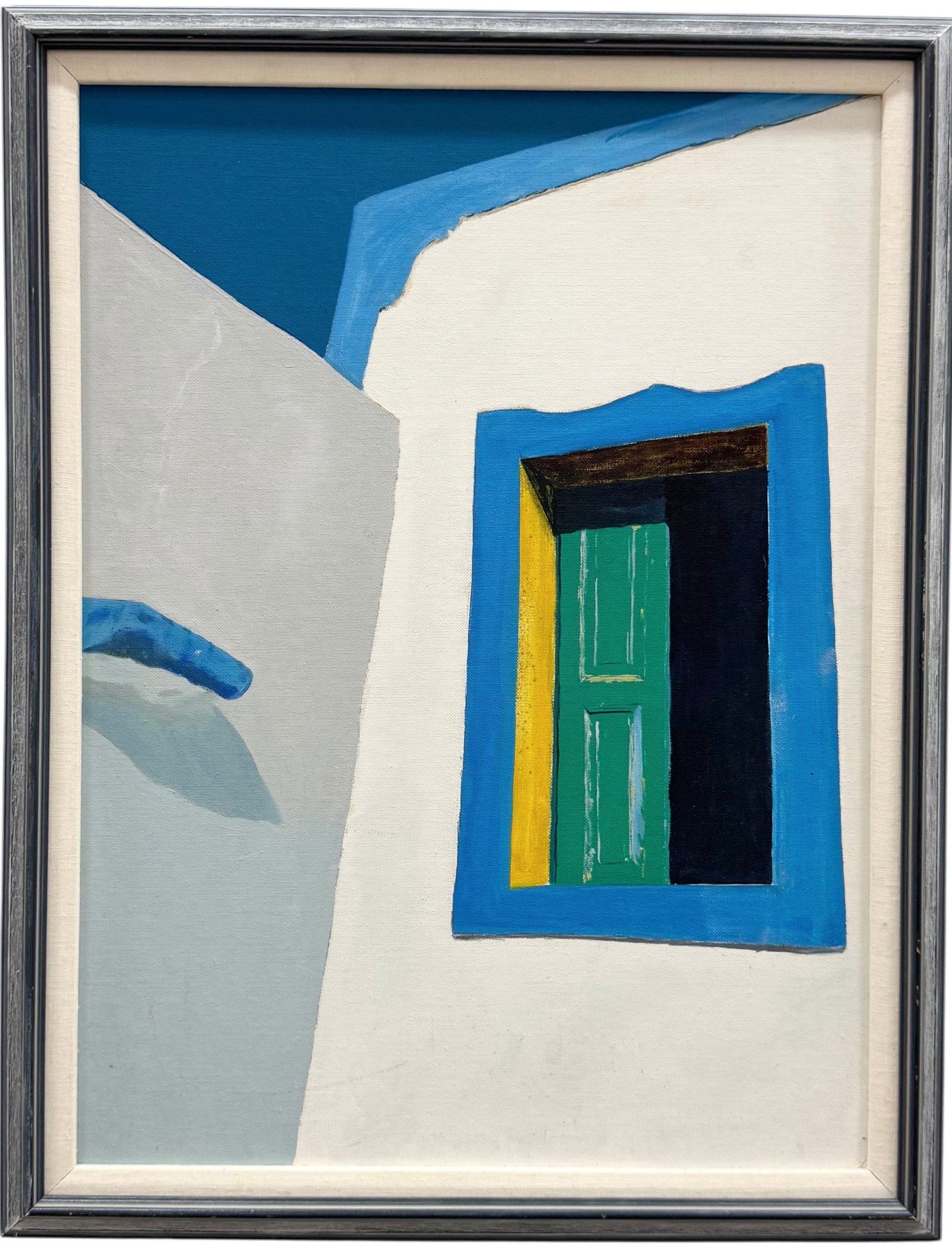 Vintage Greek Modernist Blue & White Mediterranean Architectural Oil Painting: Oil on board 26.5 x 20.5 in (Framed). Domestic Flat Shipping Price: $80