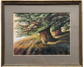 1940's Surrealist Landscape Painting With Trees Signed Illegibly