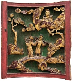 Chinese Carved Wood Relief Hand Painted Wood Wall Sculpture
