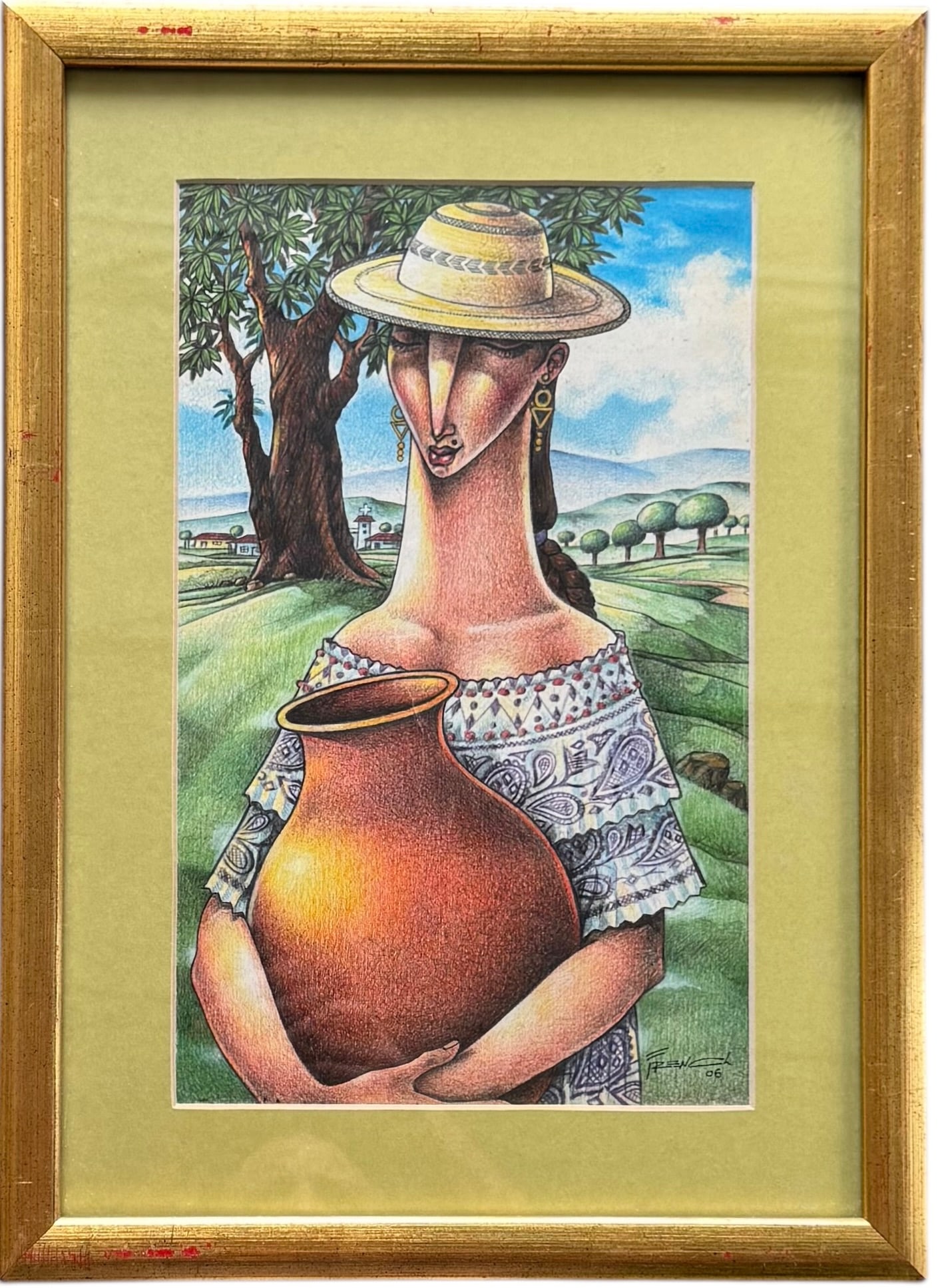 Latin American Modernist Portrait Of A Woman In Landscape Signed Colored Drawing: Colored drawing signed French? 14 x 8.5 in, 19.5 x 14 in (framed). Domestic Flat Shipping Price: $60