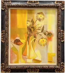 S FRIEDMAN American School Modernist Still Life Of Flowers Signed Oil Painting