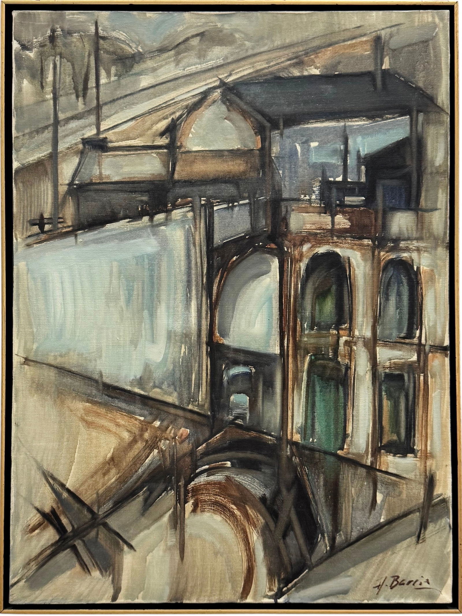 Nicely Framed Mid-Century Modernist Cityscape Signed Oil Painting (1 of 3)