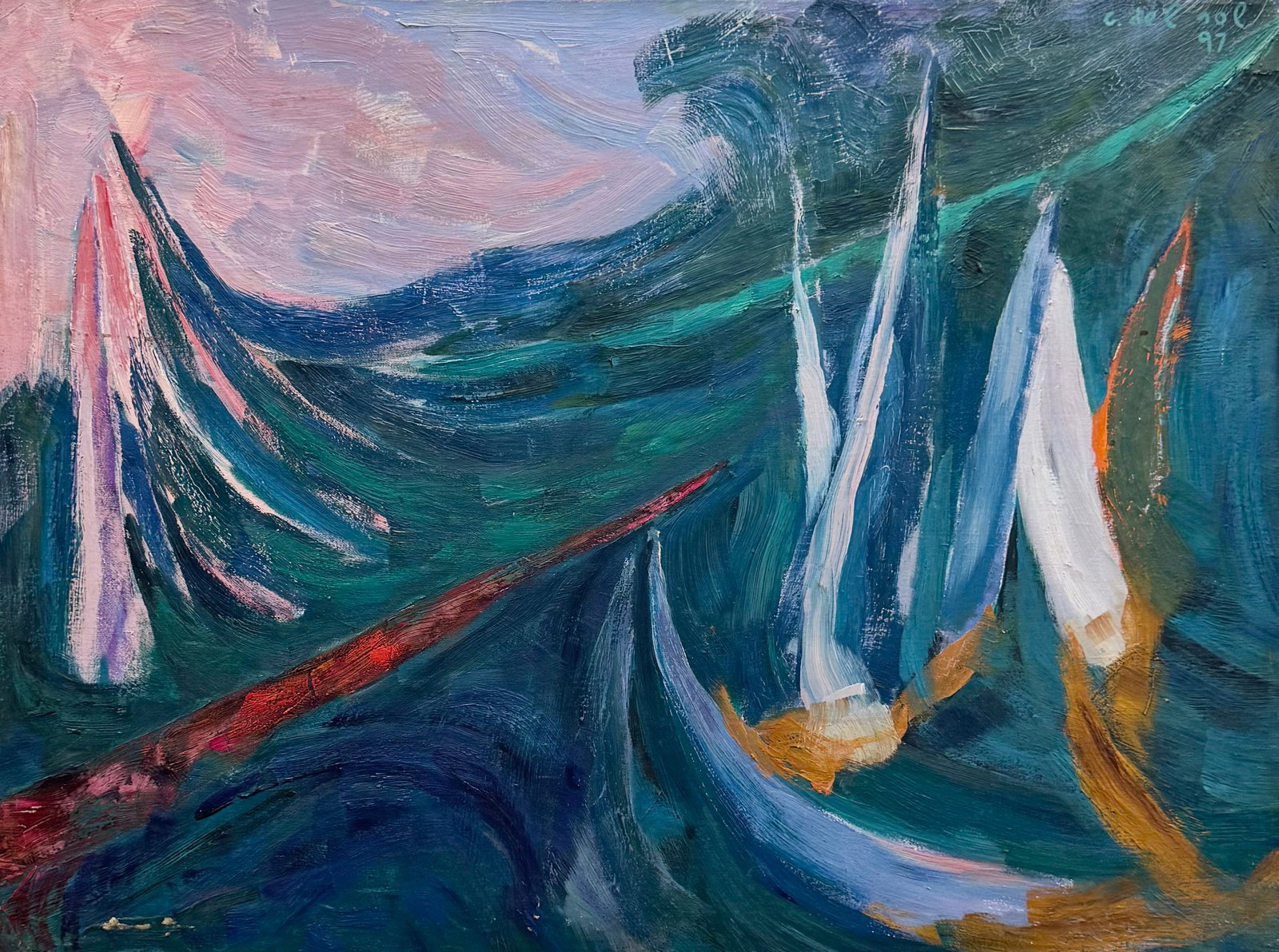 GILBERTO DEL SOL (20th c, Italy, Brazil) Abstract: Oil on canvas 39.5 x 29.5 in. Domestic Flat Shipping Price: $110