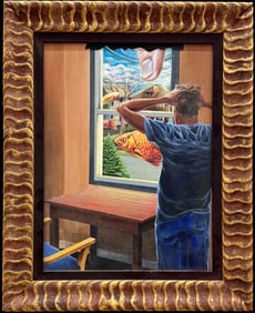 20th c American School Surrealist Interior Window Scene Signed Oil Painting