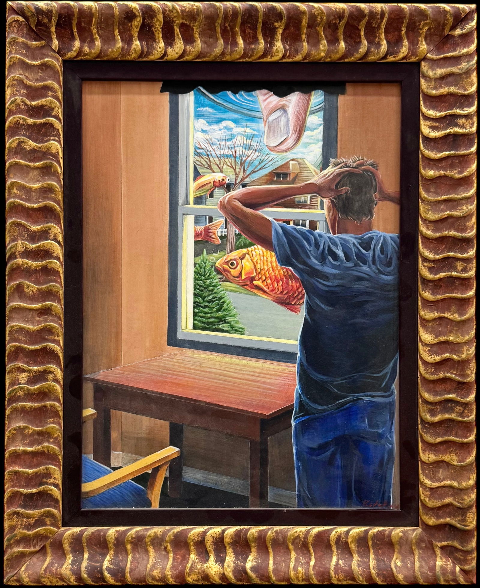 20th c American School Surrealist Interior Window Scene Signed Oil Painting (1 of 3)