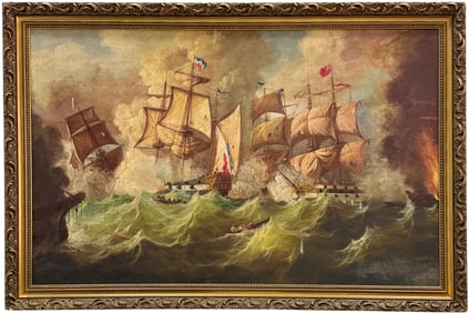 Monumental English School Marine Nautical Naval Battle Scene British Vs French Oil Painting