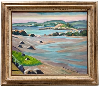 Nicely Framed American School Coastal Beach Landscape With Boats Signed Paintimg