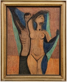 Mid-Century Cubist Figures At Beach Mixed Media On Board Unsigned