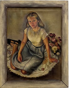 Circa 1930's WPA Era American School Regionalist Portrait Of A Girl With Flowers