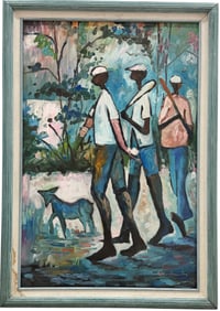American Southern School Modernist Black Baseball Players With Dog Signed Oil Painting
